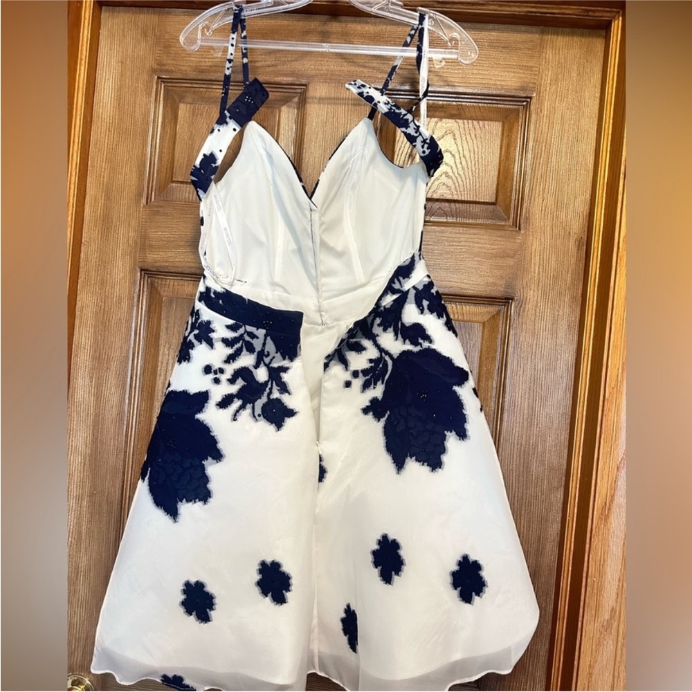Jovani Navy and White Floral Homecoming Event Prom Dress A line open back Floral - Picture 5 of 10